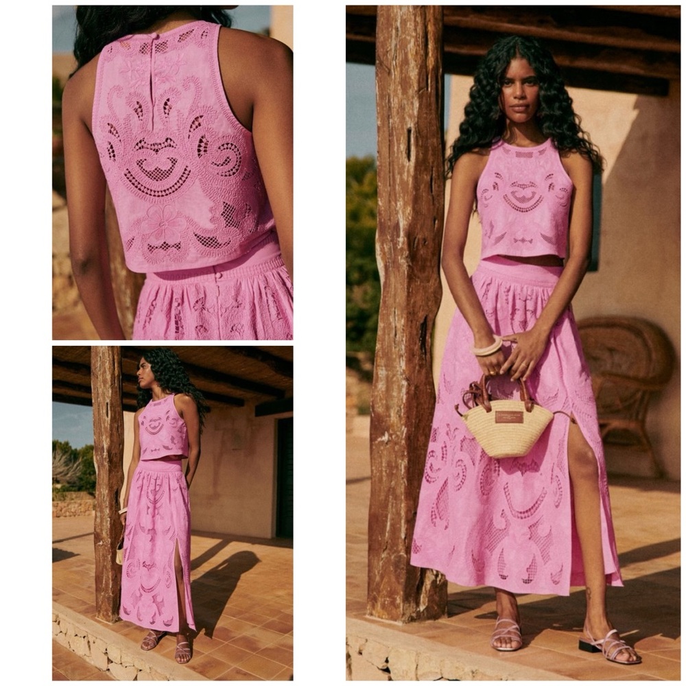 SET NWT Sezane Edition Lilac Pinn Eyelet Lace Uanna Top and Sophie Skirt SET US2